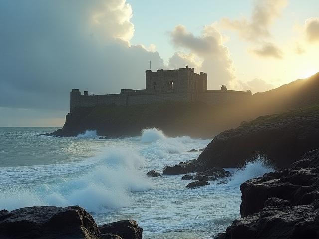 An English castle overlooking a rocky coastline